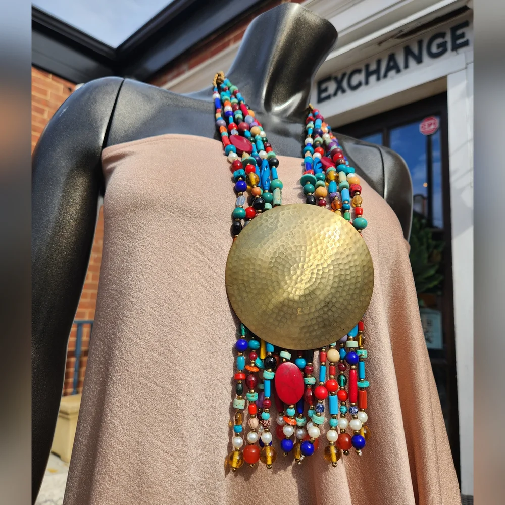 Colorful Beaded Statement Necklace with Bold Medallion, Beaded Fringe 😍Only 1✨️ - Picture 6 of 17